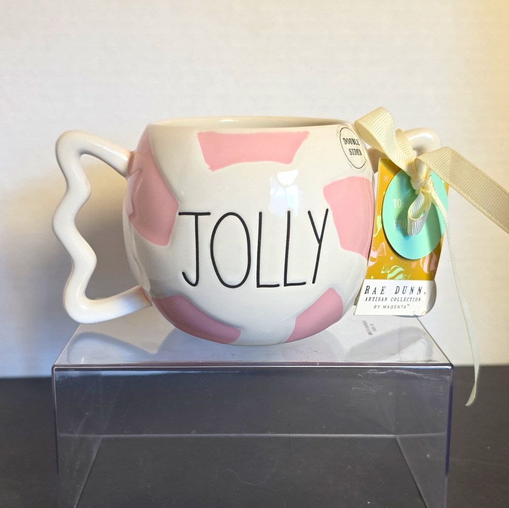 Rae Dunn Artisan Collection JOLLY Double-Sided Ceramic Mug 10 oz Pink White